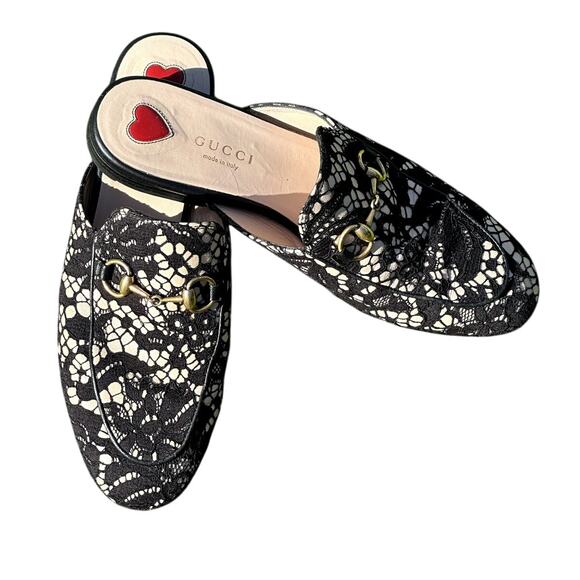 Gucci Princetown authentic women's Lace Black/Cream Horsebit Flats mules Size 36 - Picture 1 of 12